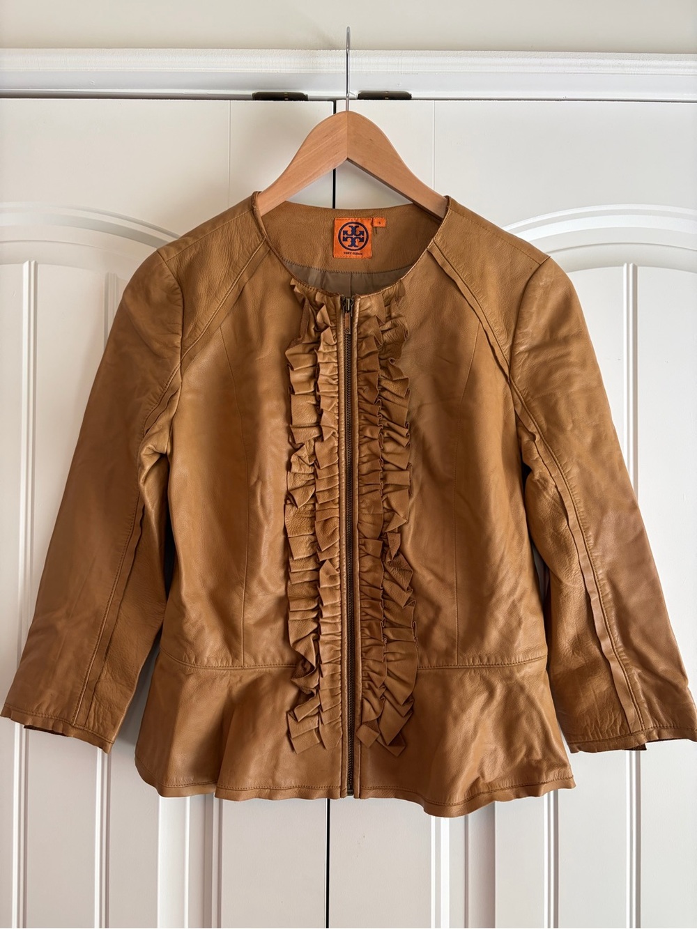 Tory Burch Ruffle Leather Jacket Tan Cognac Brown 3/4 Sleeve Full Zip Women Sz 6